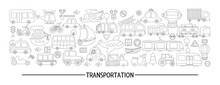 Vector Black And White Transportation Horizontal Set With Different Kinds Of Transport. Line Road Trip Card Template Design For Banners, Invitations. Cute Illustration, Coloring Page With Bus, Car.