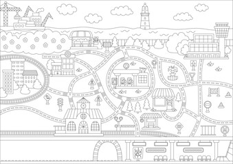 Wall Mural - City black and white map without transport. Line background with roads, railway, underground. Vector infographics. Urban coloring page with airport, metro, buildings, seaport, station for kids.