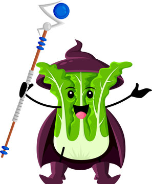 Cartoon Halloween chinese cabbage vegetable wizard character with magical staff casting spells and enchantments with wisdom and power, bring mystical energy, life, growth, and transformations to world