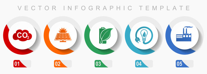 Fototapete - Industrial icon set, miscellaneous icons such as carbon dioxide, solar power,  renewable energy and factory, flat design vector infographic template, web buttons in 5 color options