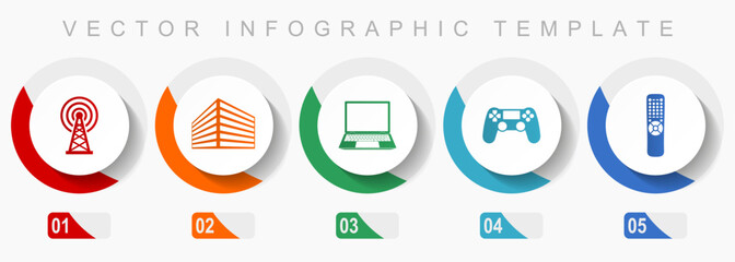 Poster - Technology icon set, miscellaneous icons such as antenna, office building, laptop, gamepad, tv remote, flat design vector infographic template, web buttons in 5 color options