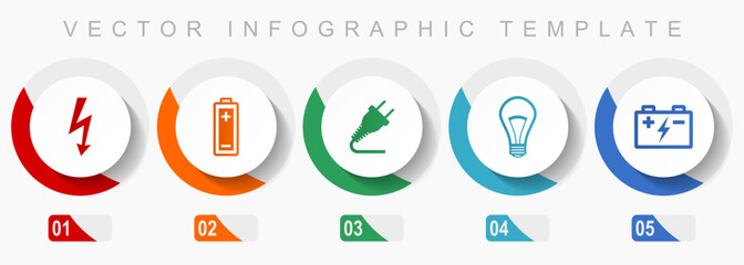 Fototapete - Power and energy icon set, miscellaneous icons such as bolt, battery, plug and light bulb, flat design vector infographic template, web buttons in 5 color options