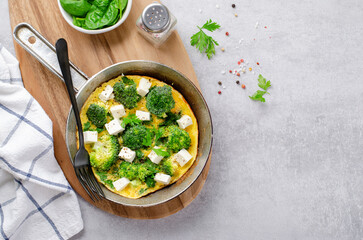 Omelette with Broccoli and Feta Cheese in a Skillet Pan, Baked Omelet