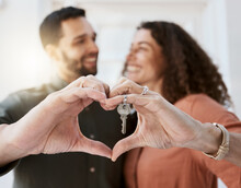 Heart Hands, Keys And Couple Hug For Real Estate, Success Or Mortgage Loan In New Home Together. Love, Emoji And Man Smile At Woman With Thank You Emoji For Realtor, Property Or Deal In Dream House