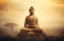 A Statue Of Amitabha Buddha In Meditation Pose In The Middle Of Mist, Vintage Style 