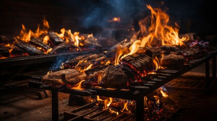 Wall Mural - Close up of burning flames, bonfire, bbq fire, BBQ camp. BBQ grill with glowing charcoal and bright flames Generative AI.