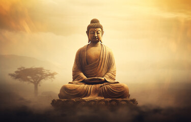 A statue of Amitabha Buddha in meditation pose in the middle of mist, vintage style 