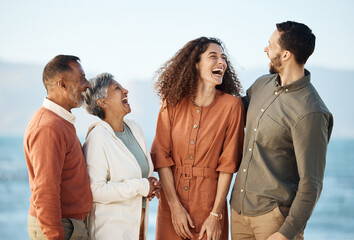 Poster - Funny, happy and travel with big family at beach for summer vacation, care and support. Love, smile and happiness with senior parents and couple laughing in nature for holiday, relax and bonding