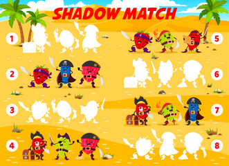 Wall Mural - Shadow match game. Berry pirates and corsairs on treasure island. Find a correct contour of cartoon strawberry, honeyberry, raspberry and barberry. Grape, rosehip and gooseberry characters vector game