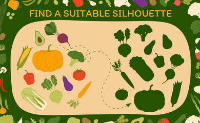 Wall Mural - Find a suitable silhouette of harvest raw vegetables kids vector game worksheet. Shadow match children riddle with avocado, corn cob, pumpkin and beetroot. Broccoli, eggplant, tomato and kohlrabi