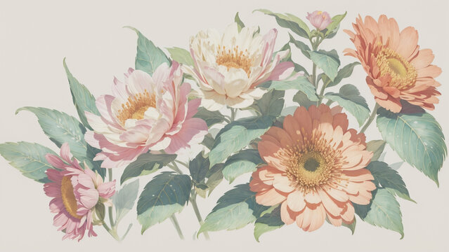 Flowers, leaves, watercolors, pastel, pretty sweet. For cards, advertisements.
