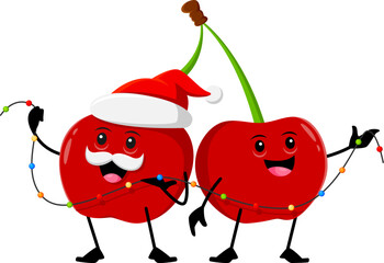 Wall Mural - Cartoon Christmas holiday cherry berry characters with light garland. Isolated vector garden berries couple wear Santa Claus hat ready to celebration. Cute and funny personages prepare for Xmas eve