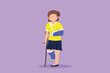 Cartoon flat style drawing sad injured child girl with broken arm and leg in gypsum. Full length upset injured pretty little girl standing on crutches in hospital. Graphic design vector illustration