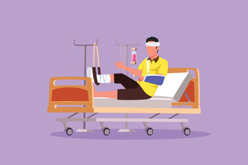 Wall Mural - Graphic flat design drawing male patient with broken leg lying in hospital. Hospitalization of patient. Sick person in bed. The leg is bandaged and fixed with cast. Cartoon style vector illustration