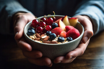 Close up on a bowl of delicious, healthy muesli held by two hands. Oatmeal with fruit and nuts for breakfast