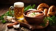 © Suleyman - Boiled white sausages, served with beer and pretzels. Perfect for Octoberfest. Natural wooden background. Front view