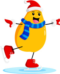 Wall Mural - Cartoon Christmas ripe raw mango fruit character skating on the ice rink. isolated vector tropical fruit personage showcasing festive mood and winter activities, spreading holiday joy and cheer