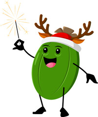 Wall Mural - Cartoon Christmas ripe raw feijoa fruit character with festive sparkler. Isolated vector tropical fruit personage wear reindeer horns, radiating joy and celebration, creates a merry holiday ambiance