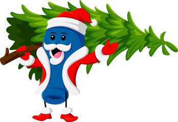 Wall Mural - Cartoon Christmas holiday honeysuckle berry character carries a christmas tree, spreading holiday joy and adding a touch of seasonal charm. Isolated vector cheerful Santa Claus honeyberry personage