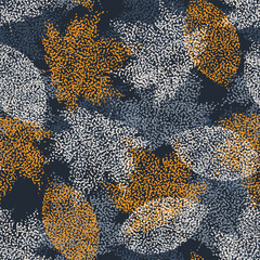 Wall Mural - Autumn leaves seamless pattern. Leaf silhouettes with dots textures. Vector illustration
