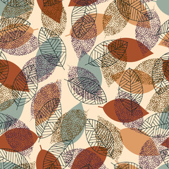 Autumn leaves seamless pattern. Leaf silhouettes with doodle, grunge, scribble textures. Vector illustration