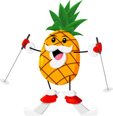 Wall Mural - Cartoon cheerful Christmas holiday pineapple fruit character skiing. Isolated vector tropical juicy fruit personage with a big smile, showcasing a fun and playful winter activity during Xmas vacations