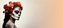 Woman With Black And White Makeup For The Day Of The Dead. Skull Make-up On Young Woman For Mexico, Celebration Of The Dead. Halloween Mask, Costume. Zombie Art.