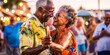 © XaMaps - Vibrant senior couple in blissful dance on color-rich Floridian boardwalk, background captures lively crowd and quaint shops subtly blurred.