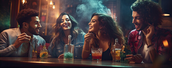 Wall Mural - Happy smillig friends drinking and smoking shisha or Marijuana in night bar.