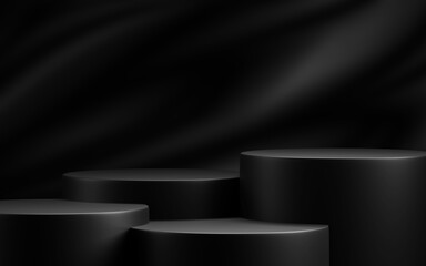 Black friday concept design of blank podium on black fabric background 3D render