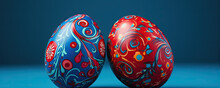 Two Red Blue Easter Eggs On Dark Backround. Easter Art Egg Concept.
