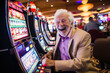 portrait of elderly man gambler playing slot machine in casino. Slot Machines in Las Vegas. Grandma addicted to fruit machines excited