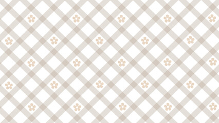 Diagonal beige checked pattern and flowers on the white background