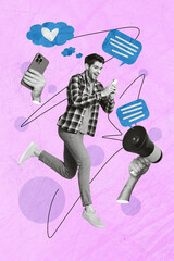 Aufkleber - Vertical collage image of black white effect guy jump typing sms big arms hold loudspeaker toa dialogue bubble like notification