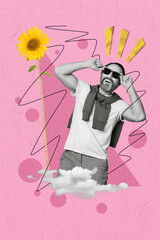 Poster - Magazine poster collage of happy cheerful guy wear sunglass enjoy sunny weather summer vacation isolated on pink painted background