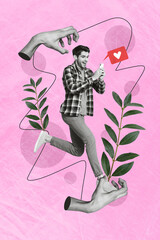 Aufkleber - Vertical collage of mini black white colors addicted social media guy run between two huge arms use smart phone like notification plant leaves