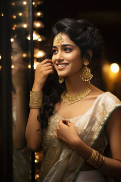 Pretty Young Indian woman wears gold jewelry, moody ambience