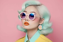 Portrait Of A Girl In Glasses, 60s Pop Art, Asian Woman, Fashion Model, AI Generative Image