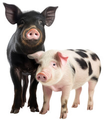 Wall Mural - Black and spotted pink pig standing together isolated on a white background as transparent PNG, animals