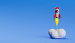Small cartoon rocket launching on the right part of image. Copy space on the left. 3d rendering
