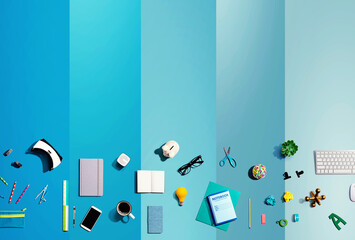 Wall Mural - Collection of electronic gadgets and office supplies - flat lay