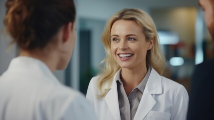 Poster - Smiling blonde female doctor talking to her colleagues