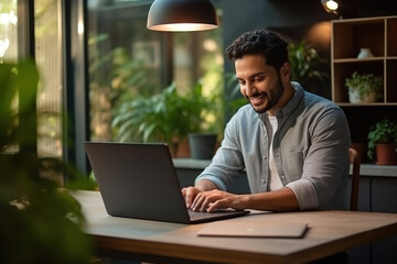 young man, male latin employee using laptop remote working at home office looking at computer talkin