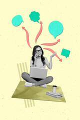 Poster - Creative collage of funny young business lady call coworkers roaming answer all customers sitting with laptop isolated on green background