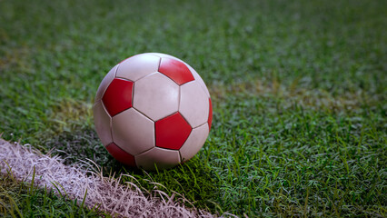 Wall Mural - Football (Soccer) on field grass close-up background, 3d rendering