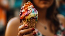 close up of a woman's hand holding a colorful melting ice cream