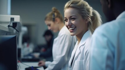 Wall Mural - Smiling blonde female scientist talking to her colleagues