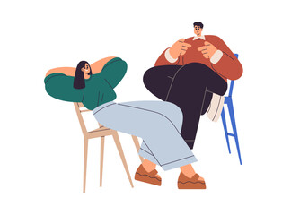 Poster - Conversation, dialog. Two relaxed people speaking, talking. Happy man and woman friends chatting, discussing, smiling, sitting on chairs. Flat graphic vector illustration isolated on white background
