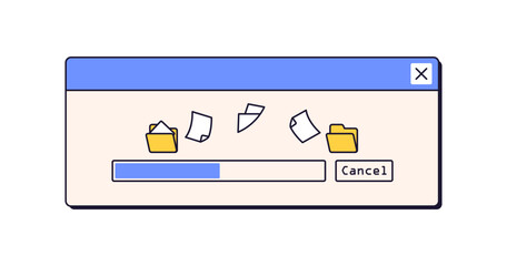 Aufkleber - File copy, save process, window in retro style. 90s UI design. Data and information, documents moving between computer folders, progress. Flat graphic vector illustration isolated on white background