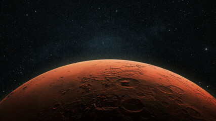 Poster - Amazing red planet Mars in deep stellar space. Journey to Mars Concept. Mars in the starry sky. Red planet in space